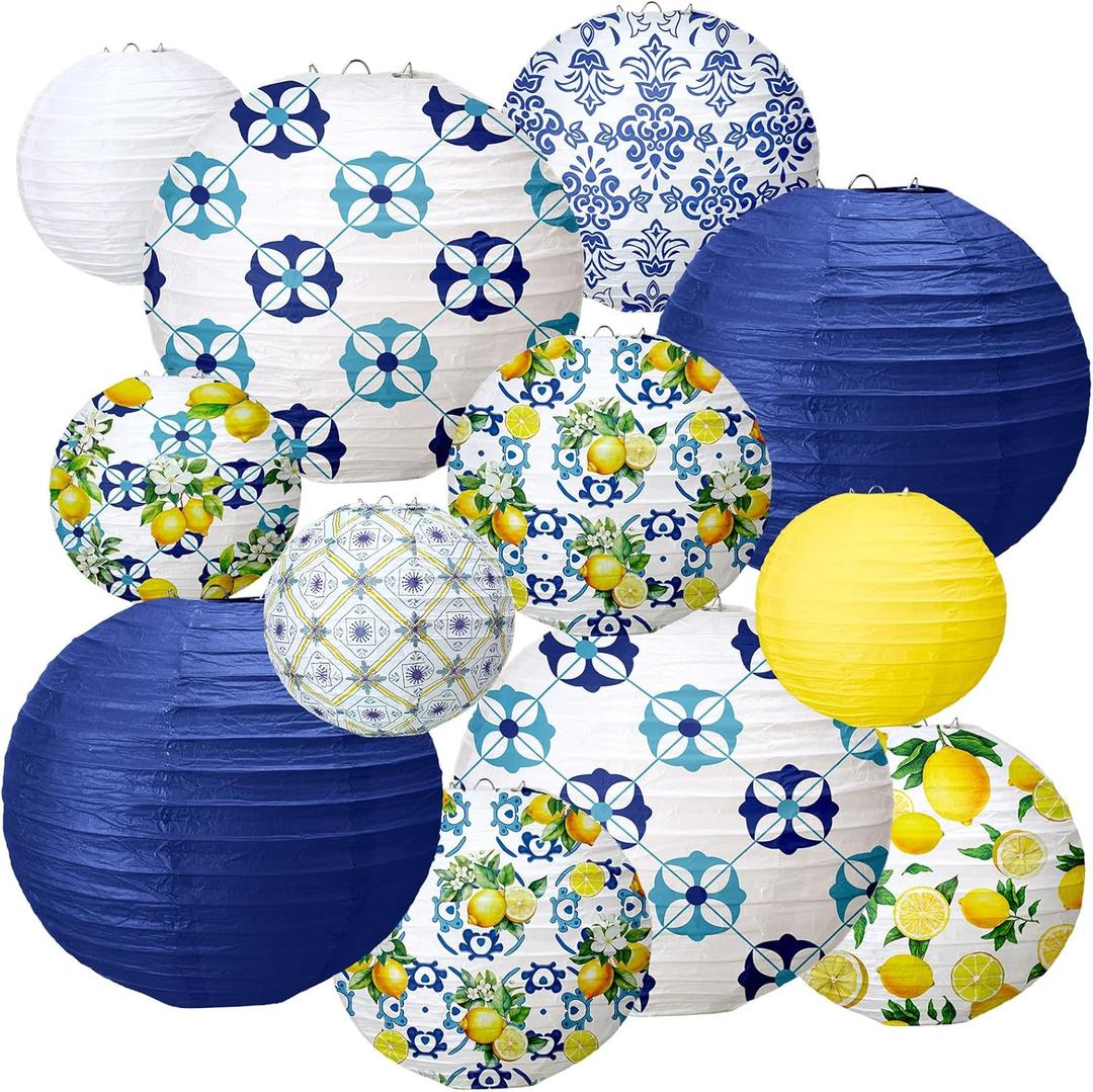 12 Pcs Paper Lantern Kit Amalfi Coast Capri Positano Lemon Party Supplies Summer Mediterranean Decorations Yellow Green White Lemon Pattern for Baby Shower Wedding Birthday Decorations