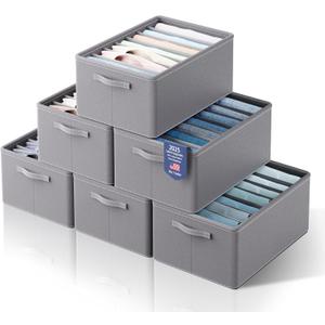 6Pcs Large Clothes Closet Organizer 7 Compartments, Stackable Shelf Storage Baskets, Wardrobe Clothes Storage Bins for Sweater, T-Shirt, Hoodie, Dress (Grey-720)