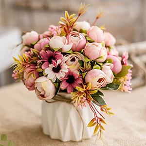 TKAS Artificial Flowers Fake Flowers Silk Rose Bouquets Decoration with Ceramics Vase for Table Home Office Wedding (Pink Bud)