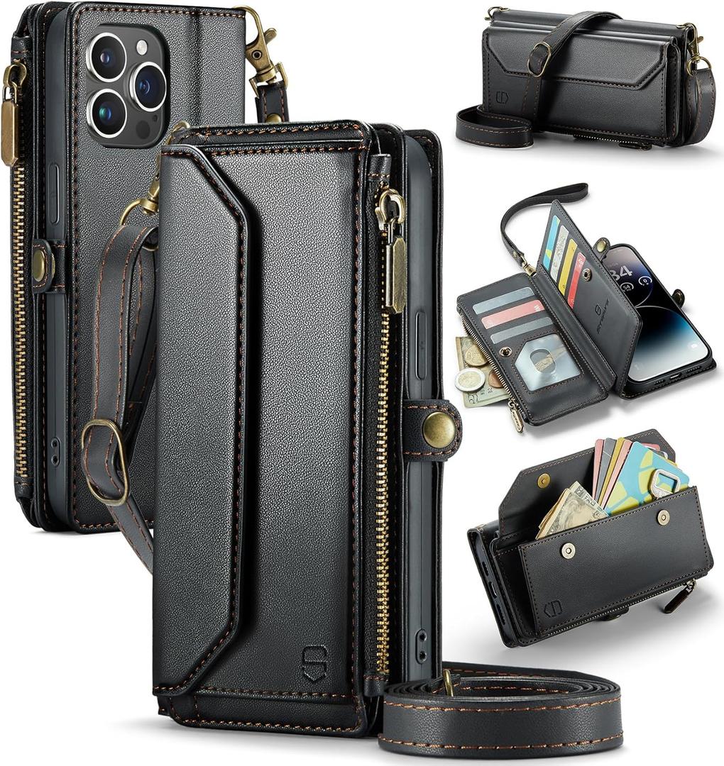 Wallet Case Compatible with iPhone 14 Pro Max RFID Blocking 10-Card Holder Soft PU Leather Magnetic Snap Shoulder Strap Zipper Pocket Phone Case Fit for iPhone 14 Pro Max - Black