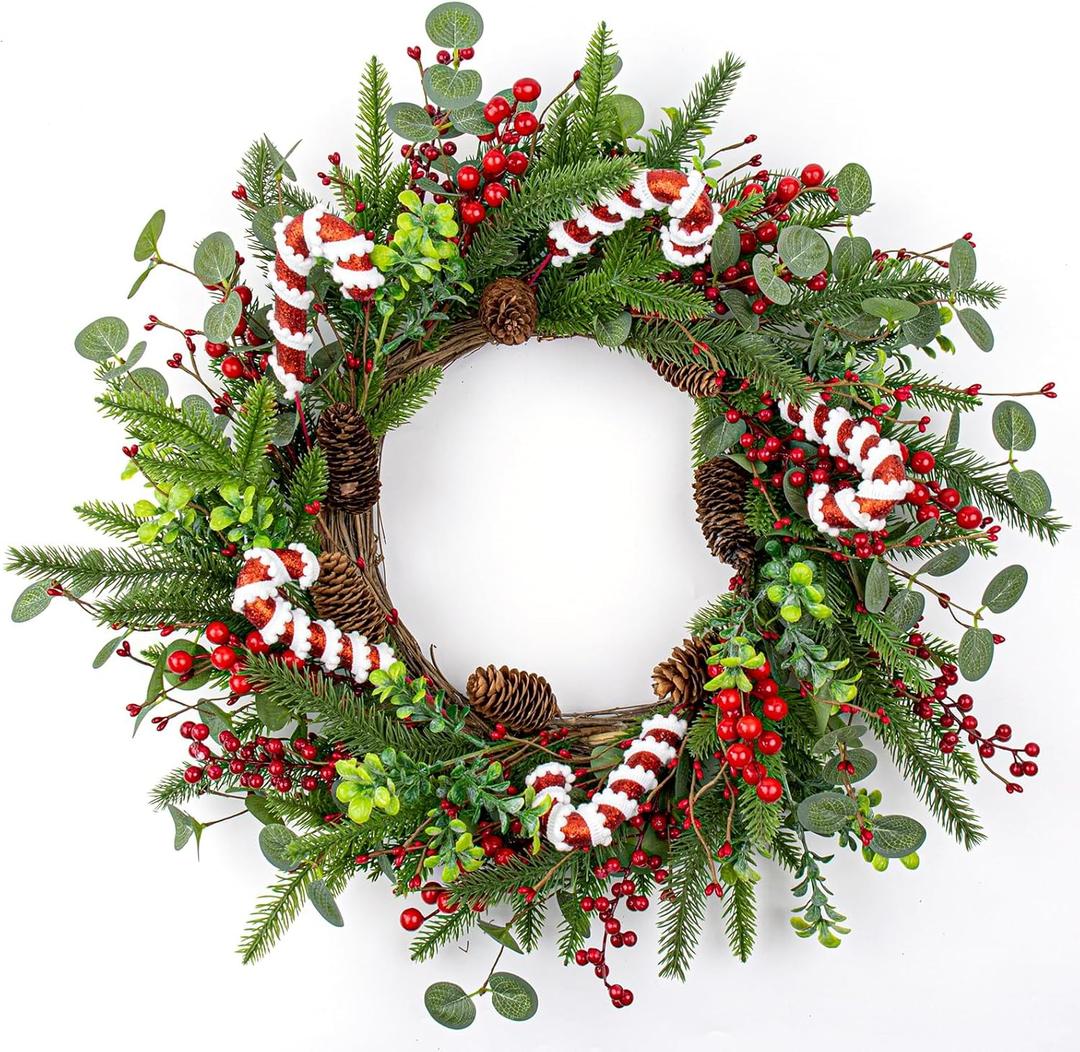 MG MagicGarden Christmas Wreaths for Front Door 20 Inches Artificial Christmas Wreath with Red Holly Berries Pine Needles Pine Cones Candy Canes for Xms Holidays