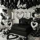 I Love You Balloons for Him/Her Balloons black Sliver romantic balloon kit with black Sliver +heart mylar balloons rose petals for hotel Decorations Valentines Party wedding anniversary supplies
