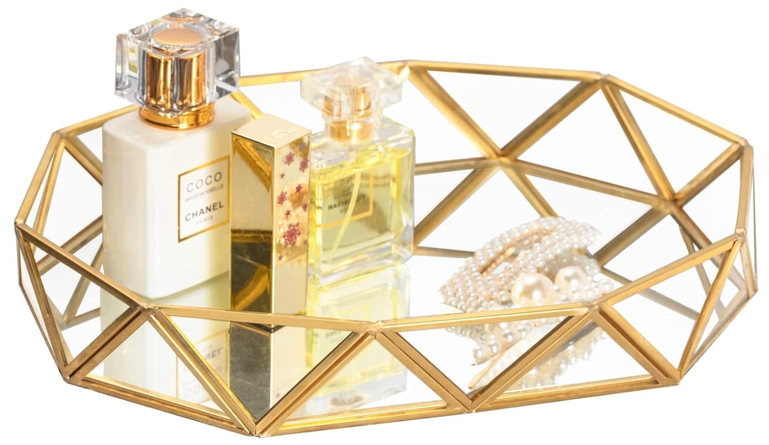 Feyarl Gold Glass Perfume Tray Mirror Vanity Jewelry Trinket Organizer Ornate Cosmetic Makeup Display Decorative Tray for Bathroom Home Decor Dresser Tabletop Countertop （11 x 8.26 x 1.96inch）