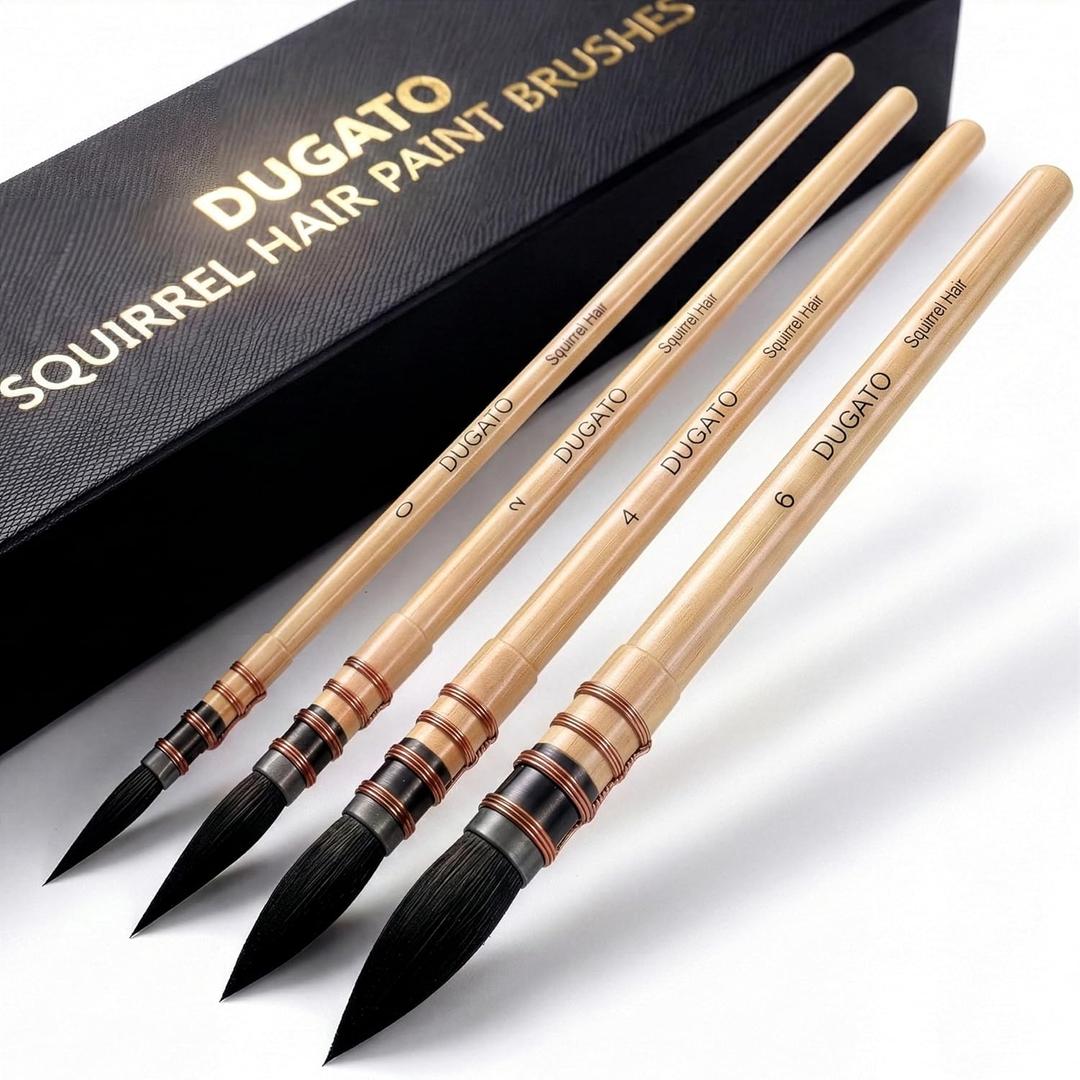 DUGATO 100% Real Squirrel Hair Watercolor Paint Brushes Set  Mop Round Fine Tip Professional Artist Brushes for Gouache, Acrylic, Oil & Wash Techniques (4 Brushes)
