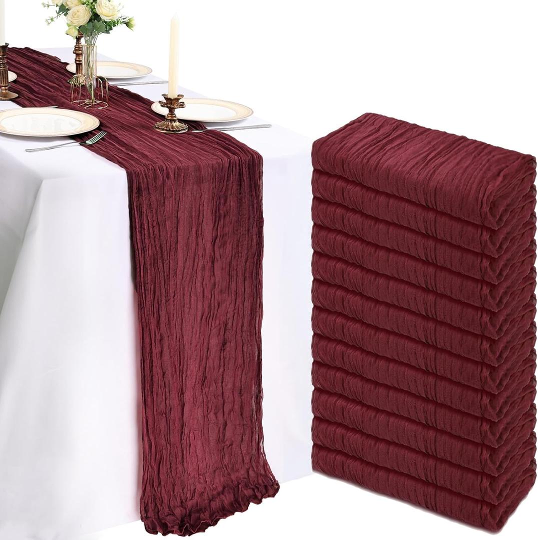 12 Pack 10FT Burgundy Cheesecloth Table Runner 120 Inch Long Gauze Rustic Boho Spring Cheese Cloth Table Runner Sheer Fabric Decorations for Holiday Party Wedding Banquet Bridal Baby Shower Dcor
