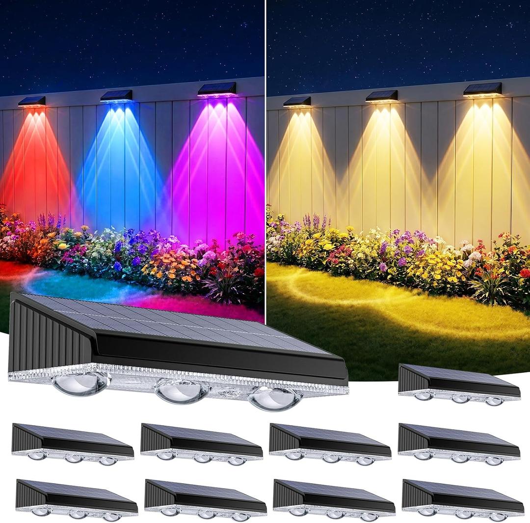 Solar Fence Lights Outdoor 10 Pack, Upgraded Brightness 3X LED Lens Fence Lights Solar Powered, 9 Fixed Colors & RGB Lights,IP65 Waterproof Solar Lights for Outside Backyard/Railing/Step/Patio