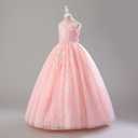 IDOPIP Sequin Appliques Flower Girl Dress for Kids Wedding Pageant Party Long Gown Princess Birthday Communion Tulle Dresses (Pink) 11-12Y