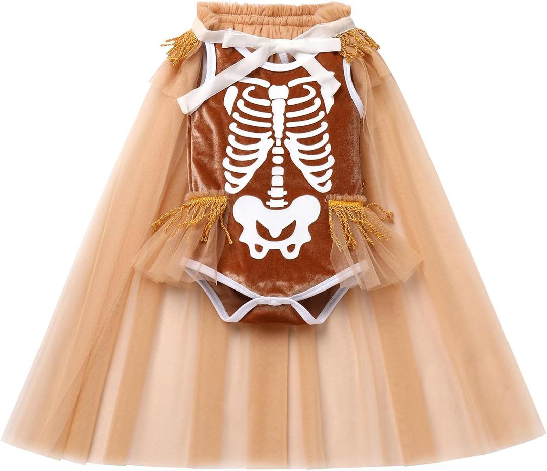 My First Halloween Dress Baby Girl Skeleton Velvet Bubble Romper Sequin Tulle Cloak Toddler Christmas Birthday Outfit (3-4T, Brown)