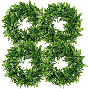 LSKYTOP 4 Pcs Boxwood Wreath Artificial Green Leaves Wreath Door Wall Window Decoration,11Inch/PC