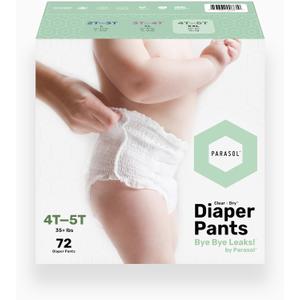 Parasol Clear+Dry Natural Disposable Diaper Pants, RashShield Protection and Active 360 Comfort Wrap, Hypoallergenic Training Diapers, Size 6 (4T-5T), 72 Count (White)
