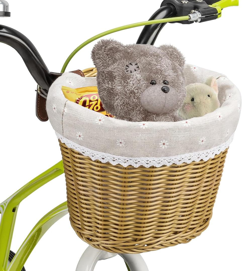CXWXC Kids Bike Basket - Front Bicycle Bike Basket for Girls - Handmade Woven Wicker Bike Baskets with Liner Detachable, Adjustable PU Straps