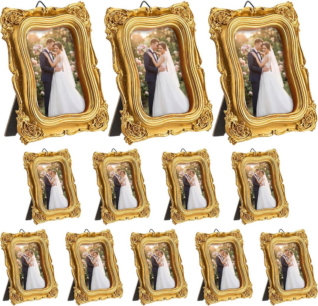 Vicenpal 12 Pcs Gold Tiny Picture Frame 2.5 x 1.6 Inch Small Vintage Oval Picture Frames Stylish Vintage Baroque Ornate Antique Resin Oval Table Display for Home Wedding (Antique Style)