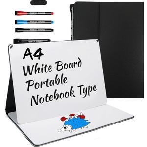 Portable White Board Small Dry Erase Board, 9" x 12" Double Sided Foldable whiteboard with 3 Pens, A4 Reusable Notebook with Storage Mesh Bag for Study, Meeting, Draft, Notes, Doodling (Black)