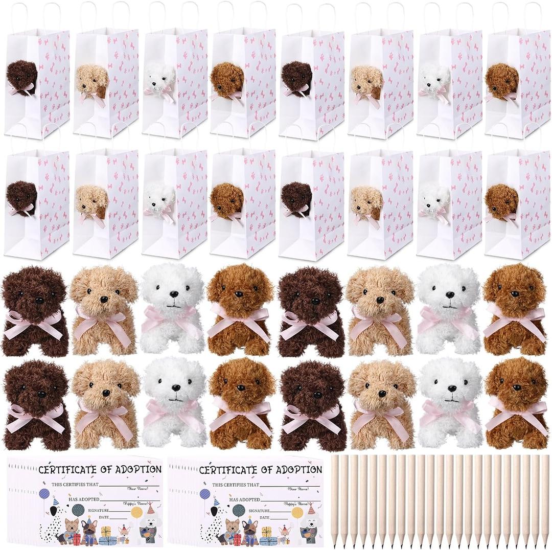 HyDren 96 Pcs Adopt a Dog Party Favors Bulk, 4.7'' Mini Plush Dogs with Gift Bags, Adoption Certificates & Pencils, Puppy Adoption Birthday Classroom Party Supplies, Valentine Gifts (Pink Bow, White)