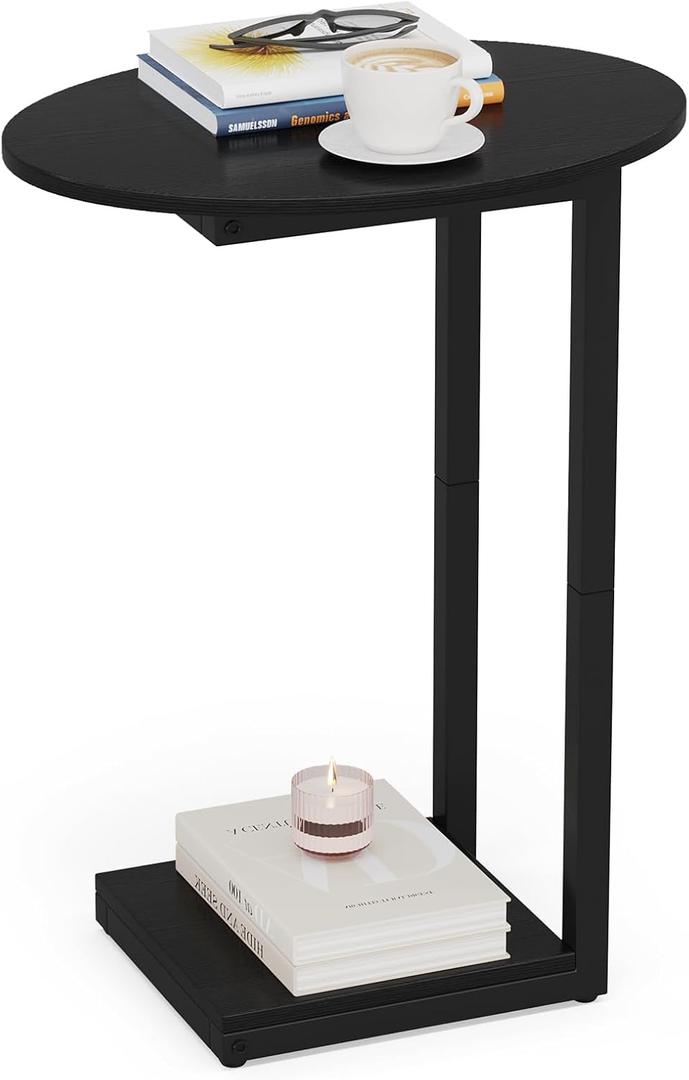 Hosfais Small Side Table End Table, C-Shaped Wood Coffee Table TV Tray for Eating Couch Tables for Small Space, Living Room, (Black) (Oval)