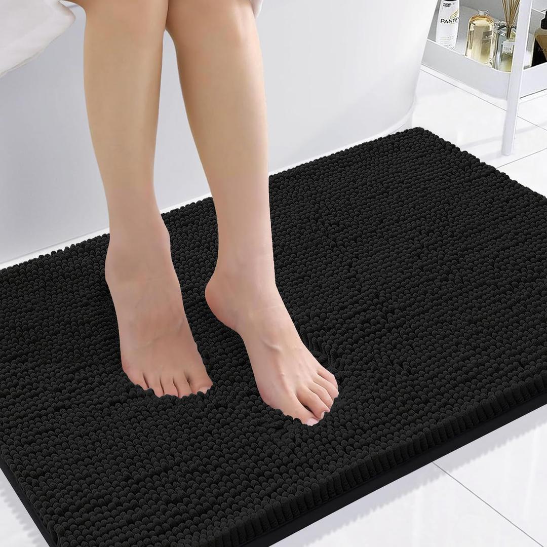Smiry Luxury Chenille Bathroom Rugs 36x24, Extra Soft and Absorbent Shaggy Bath Mat, Machine Washable, Non-Slip Plush Carpet Runner for Tub, Shower, and Floor, Home Decor Accessories, Black