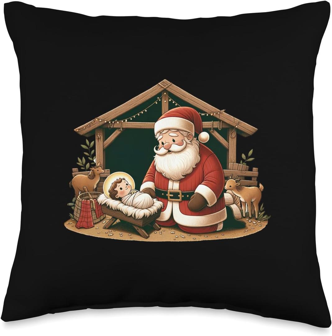 Christmas Design Kneeling Santa Claus With Baby Jesus Throw Pillow (16x16)
