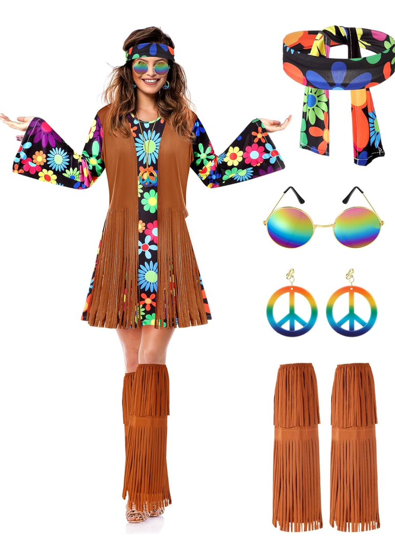 SATINIOR Hippie Costume Set Women 60s 70s Disco Outfits Halloween Party Dress Accessories for Adult Size M