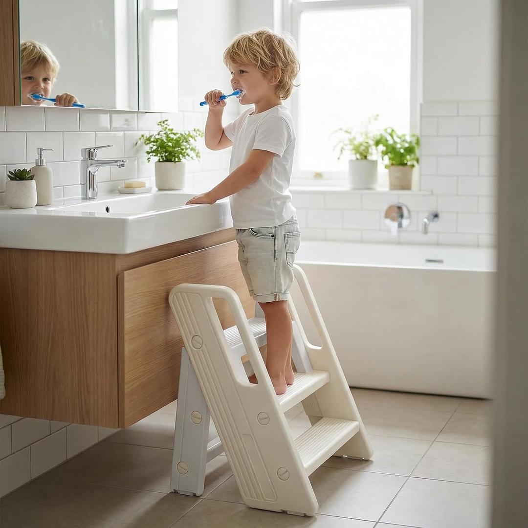 Foldable Toddler Bathroom Step Stool, Kids Bathroom Step Stool | Long Handrail, Foldable/Space Saving, 150lbs Bearing, Non-Slip/Anti-Tip, Lightweight/Easy Carry, Toddler Bathroom Sink Ladder