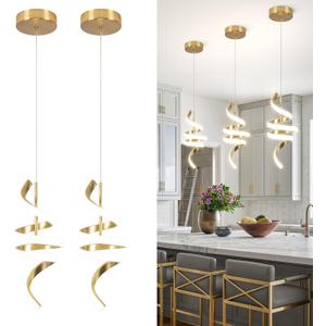 4000K Modern Pendant Light, 15IN Spiral LED Pendant Lights Adjustable Height Black Kitchen Island Fixtures Chandeliers for Dining Room Hanging Lights, 1 Pack (Gold,4000K, Hardwired,2PACKS)