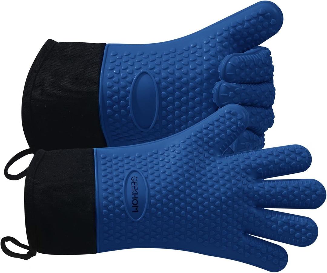GEEKHOM BBQ Gloves Heat Resistant Oven Mitts - Silicone Grilling Gloves with 13.7" Arm Protection - Waterproof Pot Holder Non-Slip for Men & Women, Kitchen Outdoor Cooking, Baking, Camping, Royal Blue (One Size Fits Most)