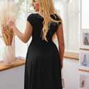 YMDUCH Women's Casual Short Sleeve Square Neck Solid Slim Flowy Maxi Dress with Pockets (Black, S)