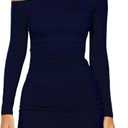ForeFair Women's Off The Shoulder Long Sleeve Mini Dresses Double Lined Ruched Bodycon Club Party Going Out Outfits (Navy Blue), S