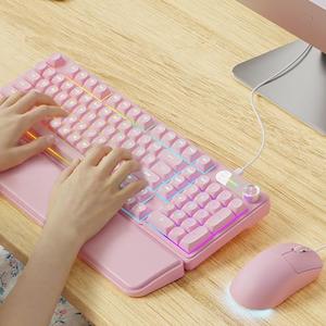 EWEADN C98 Wired Keyboard and Mouse Combo, Wired Computer Keyboard with Wrist Rest, Double-Shot Keycaps, Silent RGB Backlit Keyboards for Windows/PC/Laptop - Pink