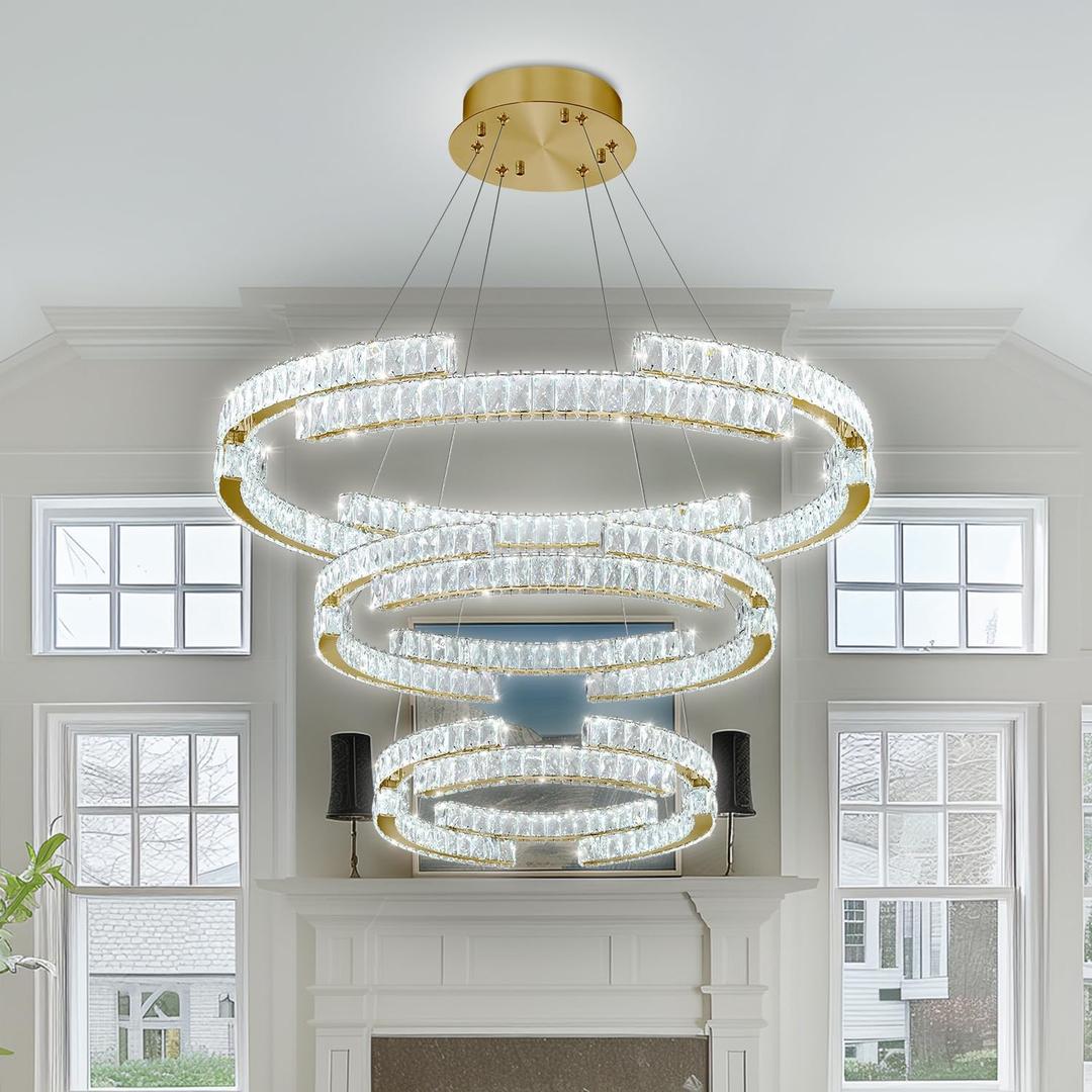 D40''+D27.5''+D15.7'' Modern Gold 3 Ring Crystal Chandeliers for Living Room Crystal Pendant Light Foyer Entrance LED Dimmable 3000-6000K Fixtures