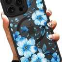 OOK Magnetic Case Fit for iPhone 15 Pro Max 6.7 Inch (Compatible with MagSafe) Soft TPU and Hard PC Phone Cover with Blue Floral Flowers Anti-Scratch Shockproof Protection Case for Women