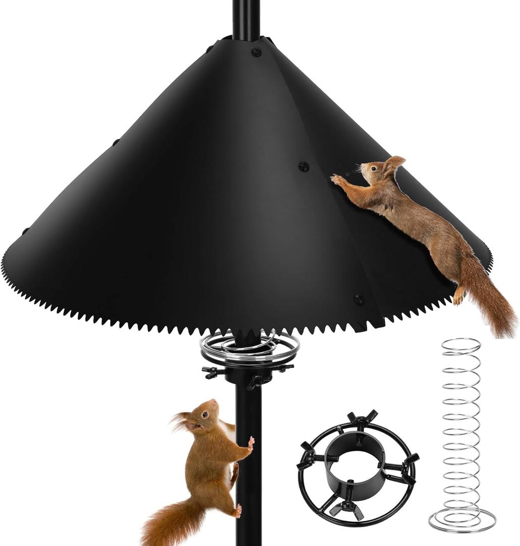 Squirrel Baffle for Bird Feeder Pole, 19-Inch Bird Feeder Squirrel Proof, Bird Feeder Baffle with Bracket, Spring and Spiked Edge, Black