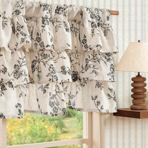 jinchan Ruffled Floral Valance Curtain Shabbychic Linen Window Valance 18 Inch Farmhouse Rustic Window Treatment for Kitchen Bedroom Living Room Rod Pocket 1 Panel Black on Linen