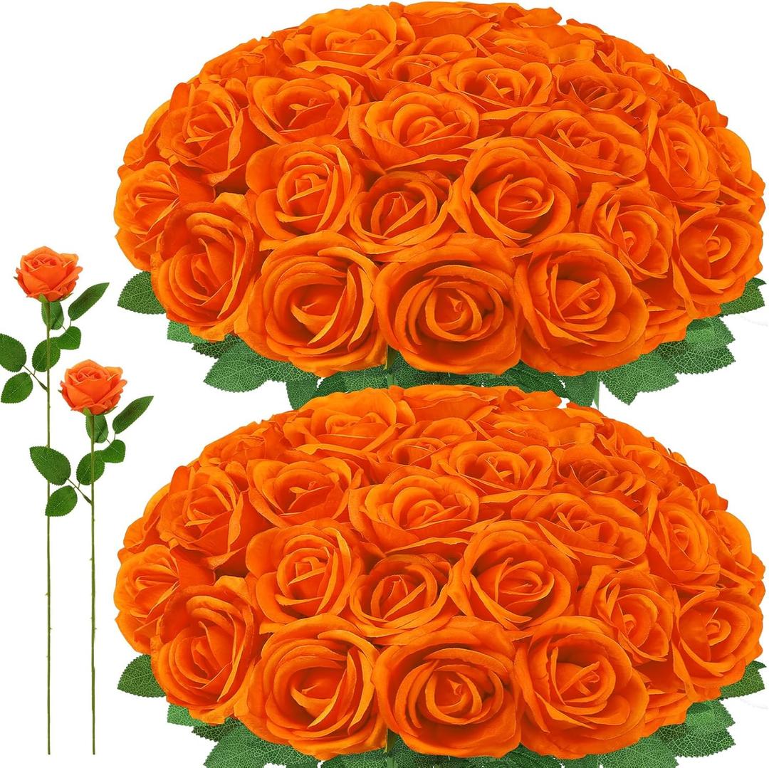 72 Pcs Artificial Roses Burnt Orange Fake Silk Roses Realistic Roses Faux Flower Indoor Wedding Home Decor, Birthday Decorations