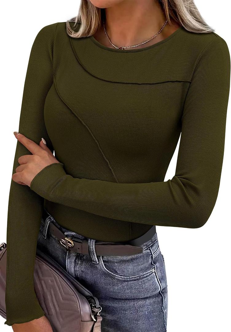 KIRUNDO Womens Tops Boat Neck Long Sleeve Ribbed Knit Slim Fit Stretch Shirts Workout Going Out Top Early Fall Fashion (Green, M)