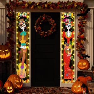 Retisee 2 Pcs Dia De Los Muertos Decorations Day of The Dead Lighted Porch Sign Banners 12 x 72 Skull Hanging Wall Door Banner for Halloween Party Decorations Indoor Outdoor
