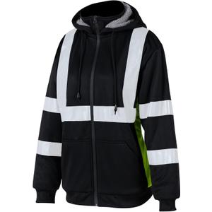 High Visibility Safety Sweatshirt for Women Reflective Wool Fleece Inner Hi Vis Construction Work Hoodie with Detachable Hat Full Zip (3X-Large, Black)