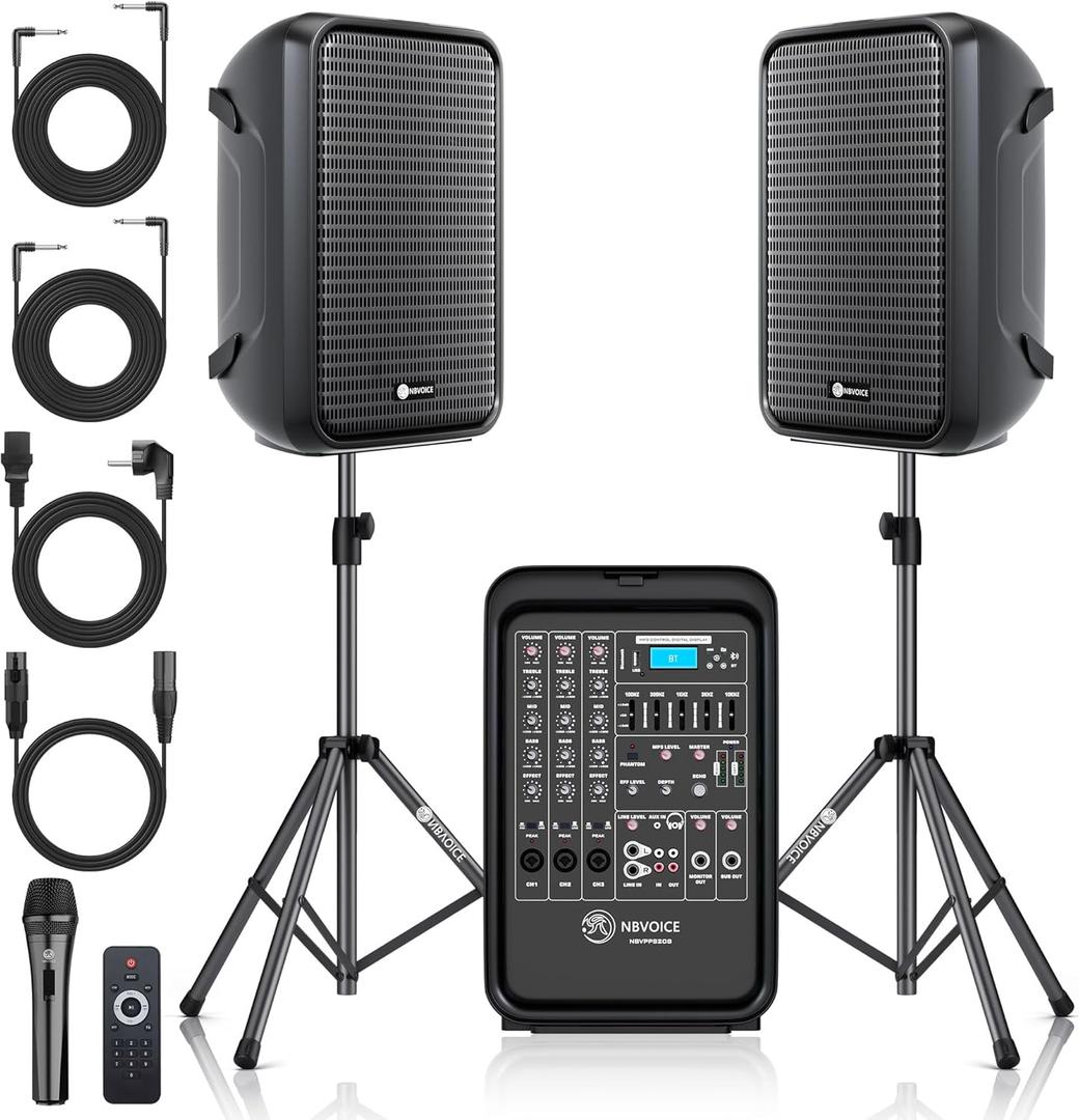 NBVOICE Professional Portable All-in-One Integrated 2-Way PA System Fixed Setup, Suitcase Design w/ 8-Channel Mixer, 2 Speaker Stands, Bluetooth, Mic for Performances, Presentations