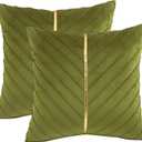 Tosleo Olive Green Velvet Throw Pillow Covers 18 x 18 inch Pack of 2 with Gold Leather Decorative Couch Pillowcases Luxury Modern Pillow Cover for Living Room Bedroom Sofa Cushion Bed