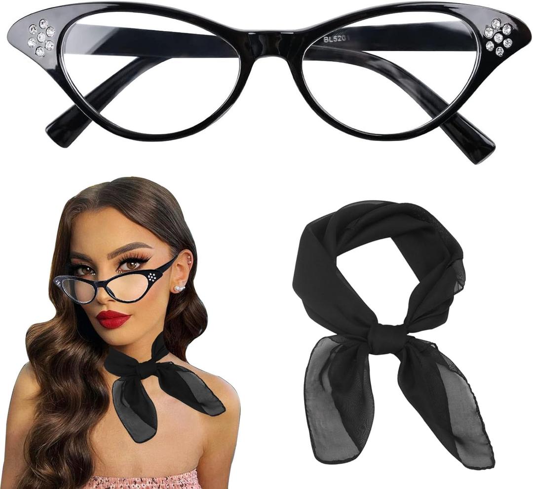 50's Costume Accessories Set for Women 1950s Vintage Chiffon Neck Scarf Rhinestone Cat Eye Glasses for Cosplay Party