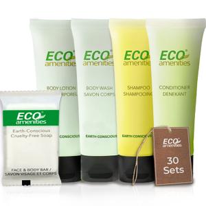 ECO Amenities 150pc Hotel Toiletries Bulk Set - 5-in-1 Travel Toiletries include 30ml Shampoo, Conditioner, Body Lotion, Body Wash, and 28g Soap (30 each) - Perfect for Hotels, AirBnB, and Hospitality (5 Piece Kit (150 Pack))