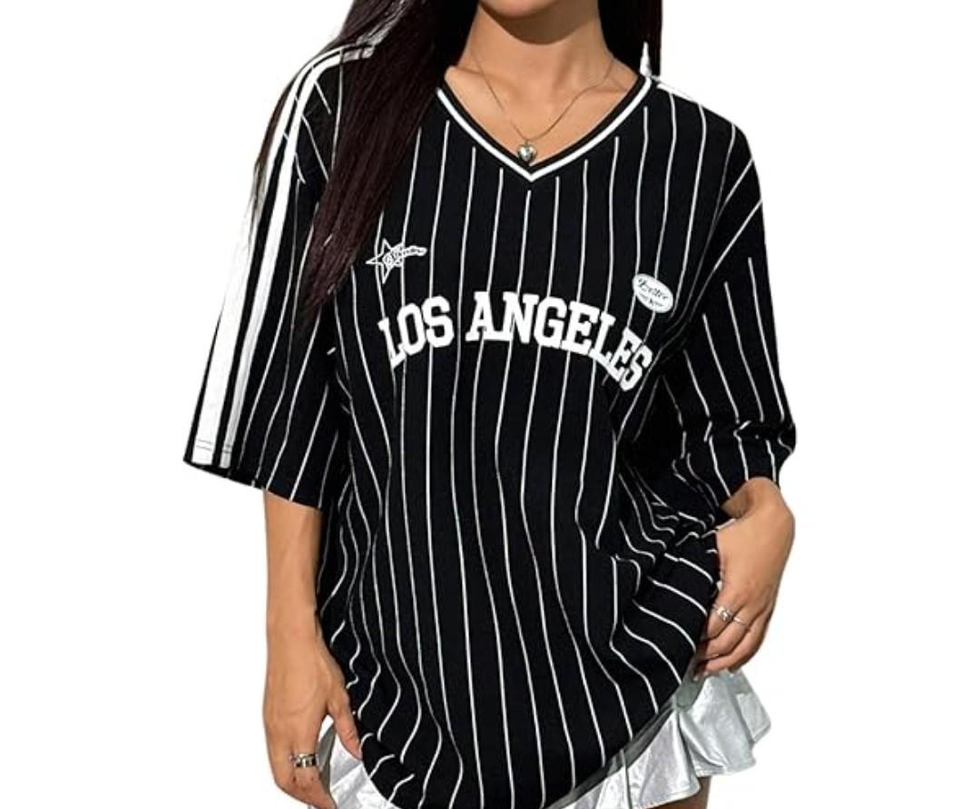 SOLY HUX Women Striped T Shirt Striped T Shirt V Neck Half Sleeve Oversized T Shirt Streetwear, S