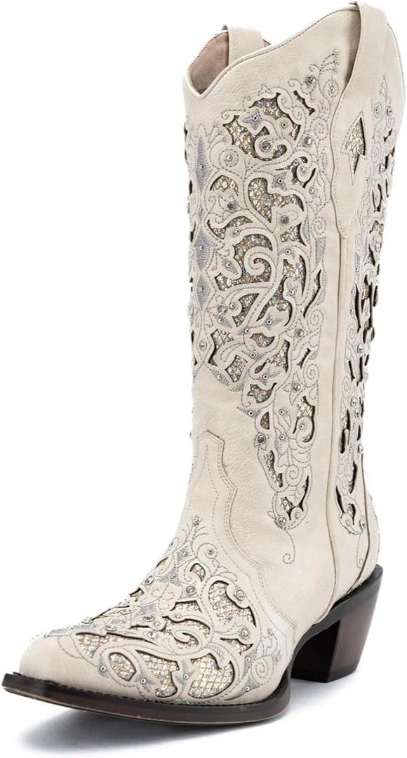 Huntarry Cowboy Boots for Women Western Square Toe Mid Calf Cowgirl Boots Glitter Sparkle Rhinestone Chunky Wedding Shoes for Bride (6.5, 161/White)