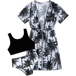 AIDEAONE 5-12T Girls 3 Piece Swimsuit Kids Bathing Suit with Cover Ups (7-8 Years, Black Palm Tree)