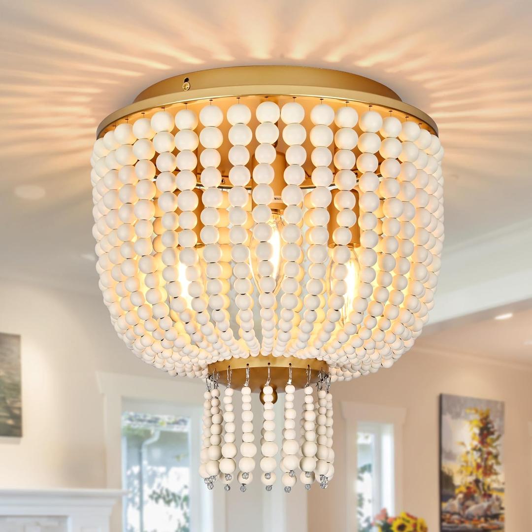 3-Light 12" Boho Wood Beaded Flush Mount Ceiling Light for Bedroom, Adjustable Shape Beaded Chandelier, Boho Chandelier Coastal Flush Mount Ceiling Light for Entryway Hallway Kitchen