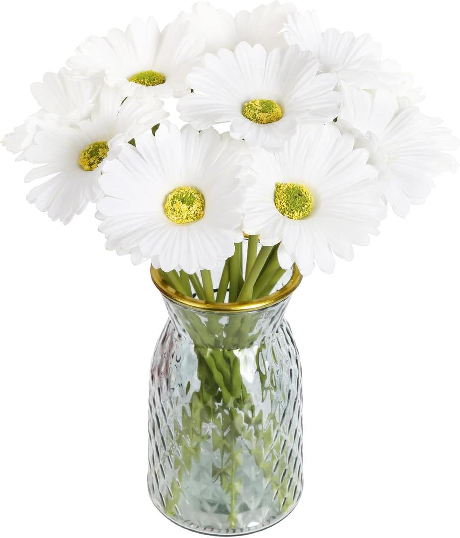 IPOPU Gerbera Daisy Artificial Flowers,20PCS White Daisy Artificial Flowers Fake Daisies for Wedding Party Office Home Decorations(White)