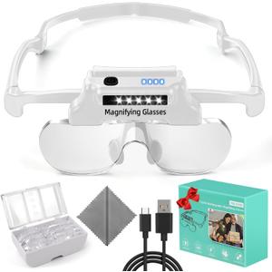 Magnifying Glasses with Lights Rechargeable Headband Magnifying Glasses for Close Work with 5 LEDs, 5X 3.5X 2.5X 1.5X Hands Free Lighted Magnifier for Reading Jewelry Sewing