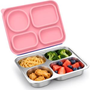 Palksky Stainless Steel Lunch Box for Kids, Metal Bento Box Container Leak-Proof, 4-Compartments To Go Food Containers with Lids(Pink)