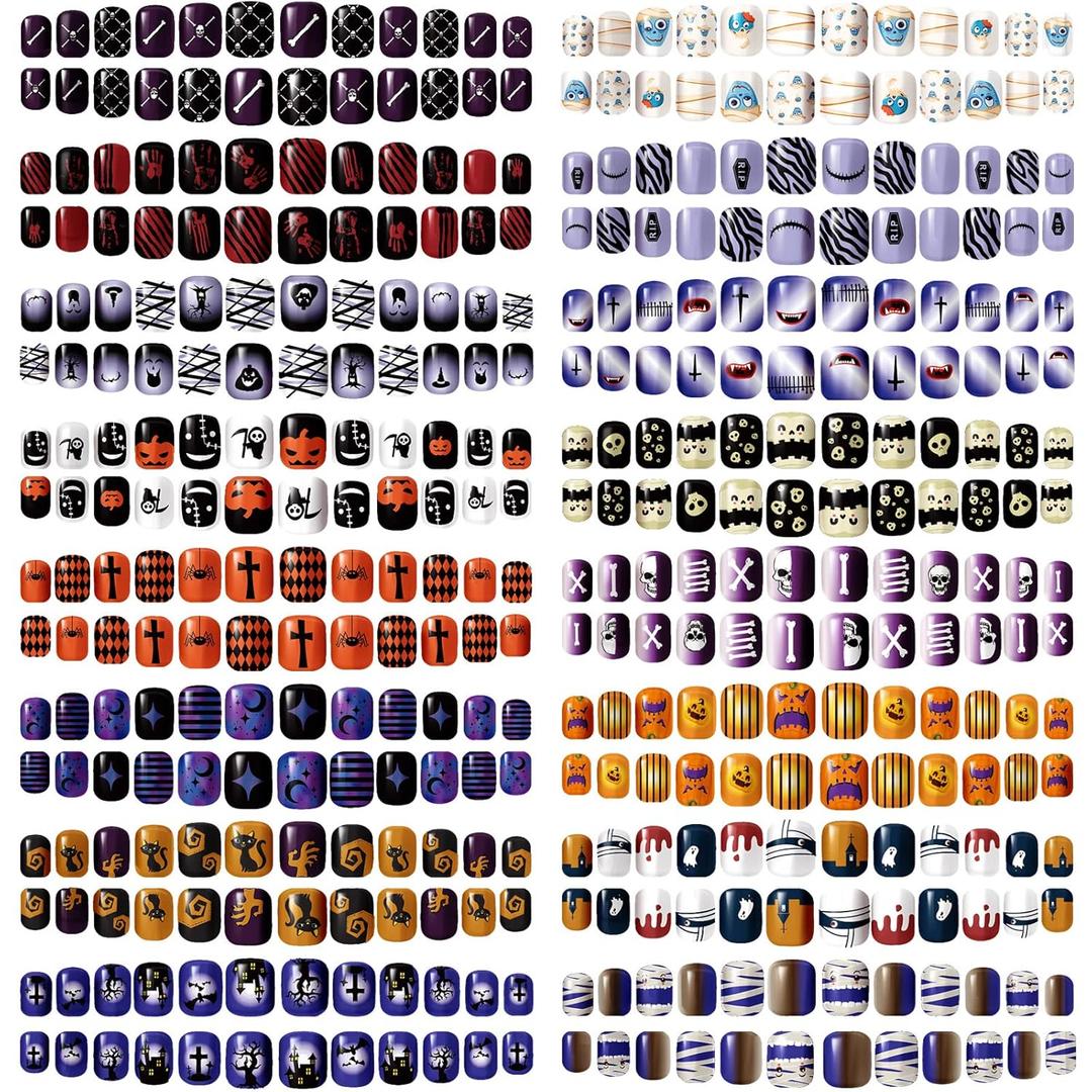 384 Pcs 16 Pack Halloween Press on Nails Halloween Short Fake Square False Nails Plastic Artificial Nail Tips Full Cover Coffin with Ghost Pumpkin Spider Pattern for Women(Fresh Pattern)
