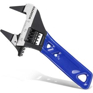 WORKPRO 4-Inch Thin Jaws Stubby Wide Opening Adjustable Wrench, Small Adjustable Wrench with 2mm Slim Jaws for Easy Access to Tight Spaces, Metric/SAE Scales, Cr-V Steel