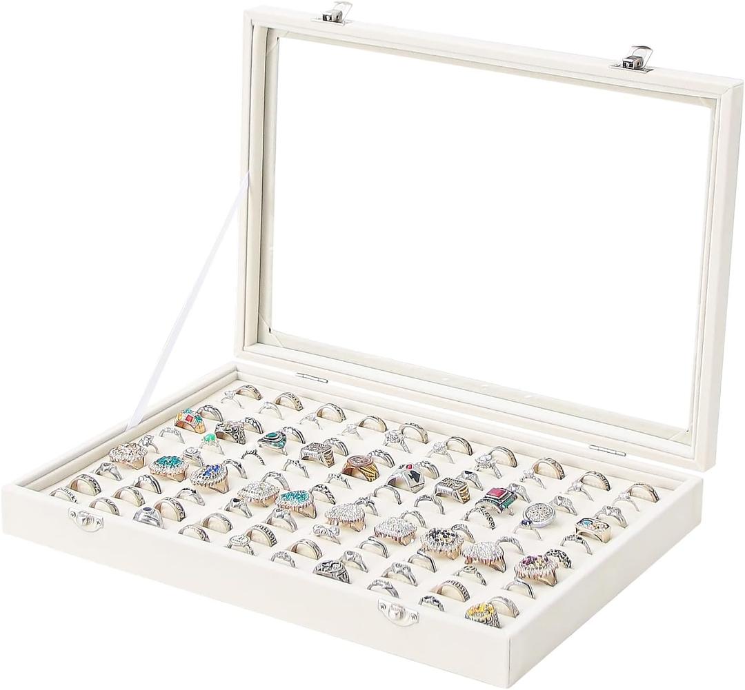 Coward Ring Organizer Jewelry Box, Beige Velvet 100 Slots Ring Display Tray Case with Transparent Glass Lid for Home Use or Store Selling Show